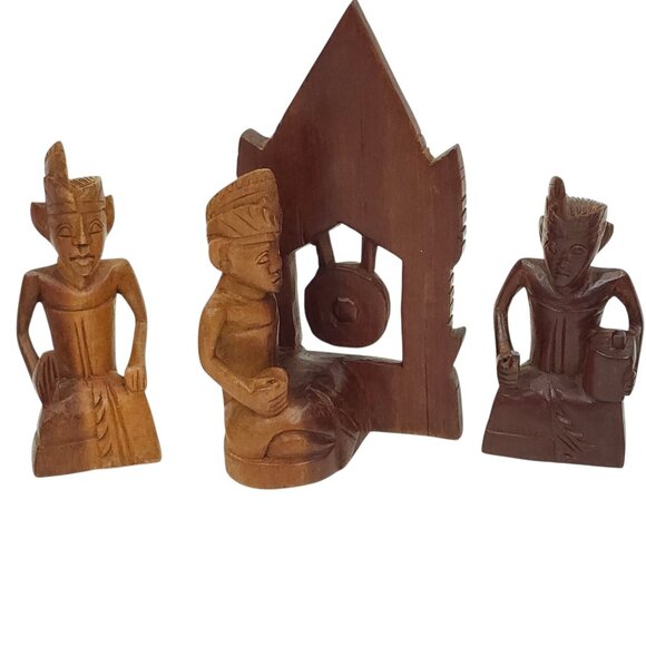 Indonesian Hand Carved Wood Figures 3" Miniatures Tribal Gamelan Band Balinese - Picture 3 of 14